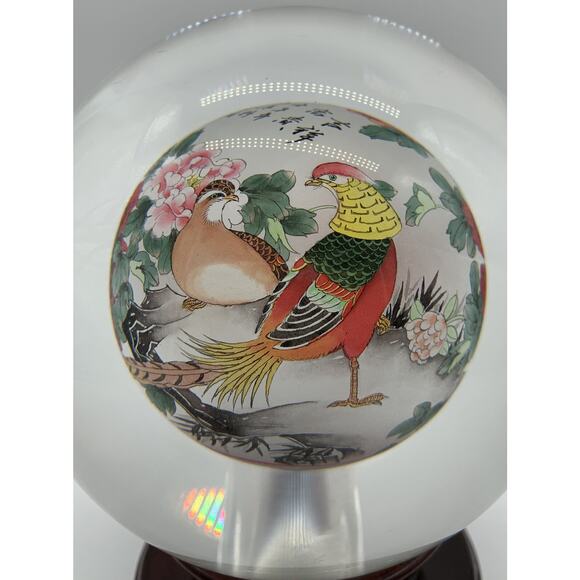Vntg Chinese Reverse Hand Painted Crystal Ball Rotating Stand Birds Signed - Picture 2 of 8